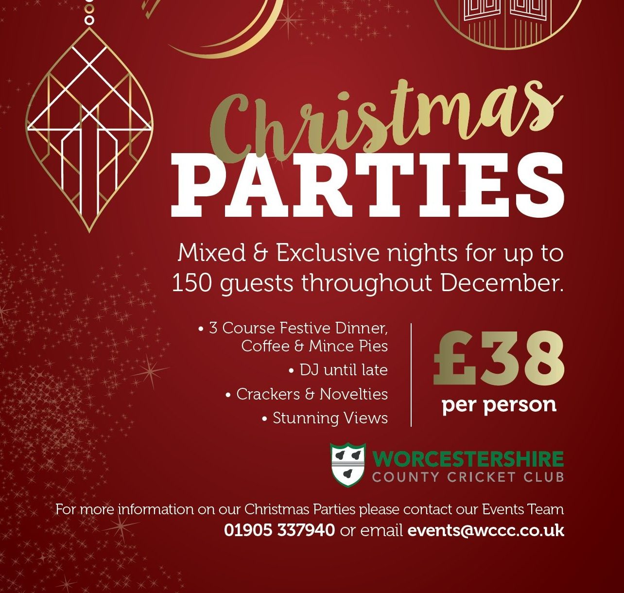 Book Your Christmas Parties And Lunches At New Road Worcestershire CCC